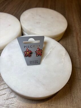 174 Pilgrim Red and Gold Enamel Flower Stud Earrings